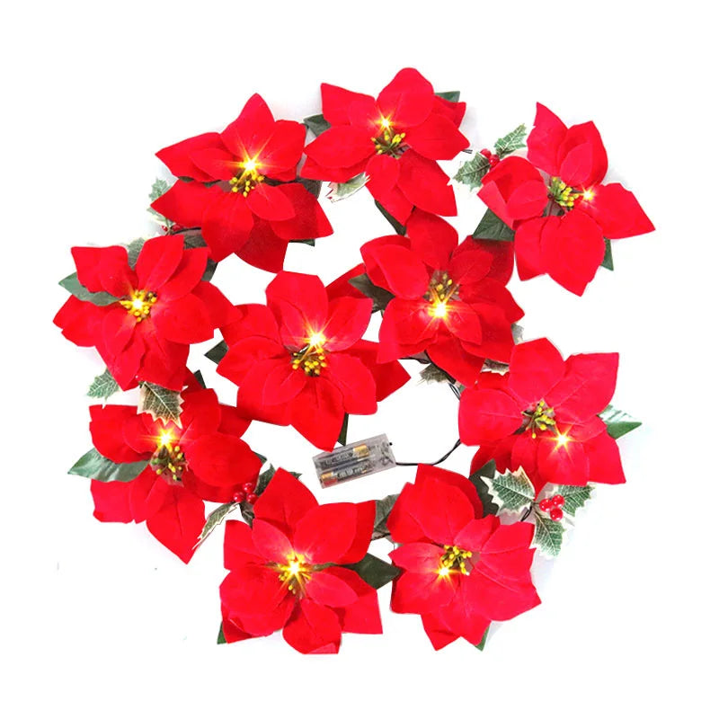 Poinsettia Christmas Flowers Garland String Lights Xmas Tree Ornaments