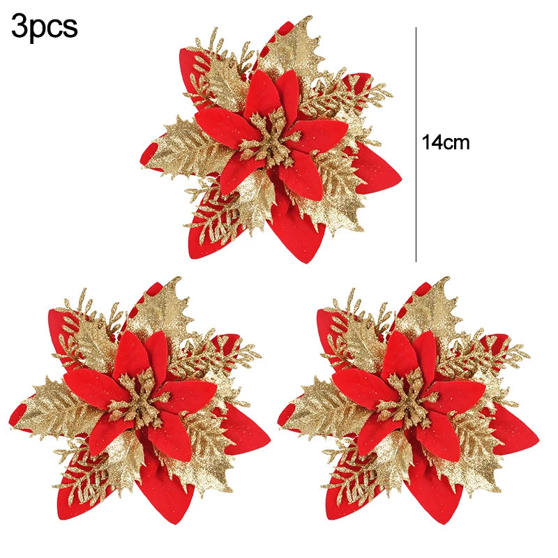 3Pcs 14cm Christmas Flowers Glitter Artificial Red Gold Flower Head