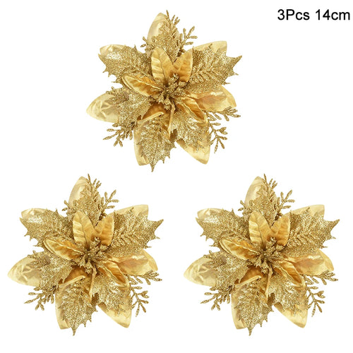 3Pcs 14cm Christmas Flowers Glitter Artificial Red Gold Flower Head