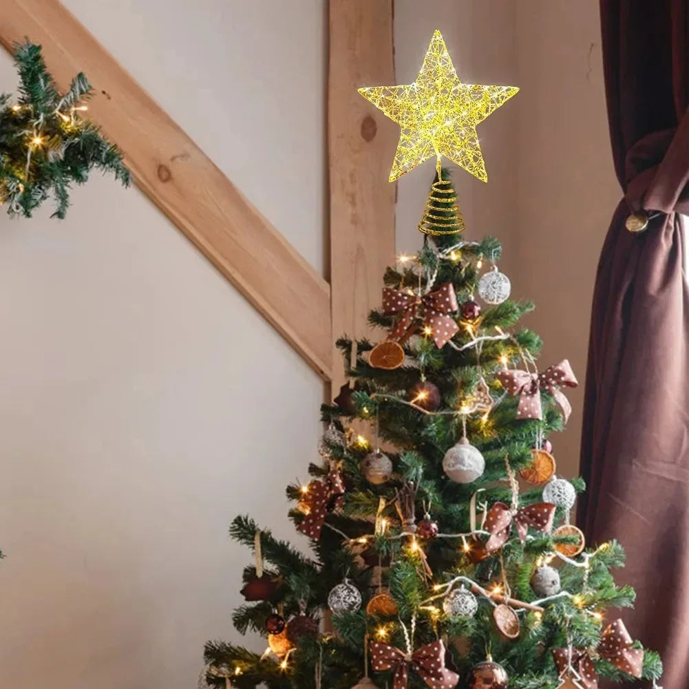 Iron Glitter Christmas Tree Topper Star with LED Copper Wire Lights