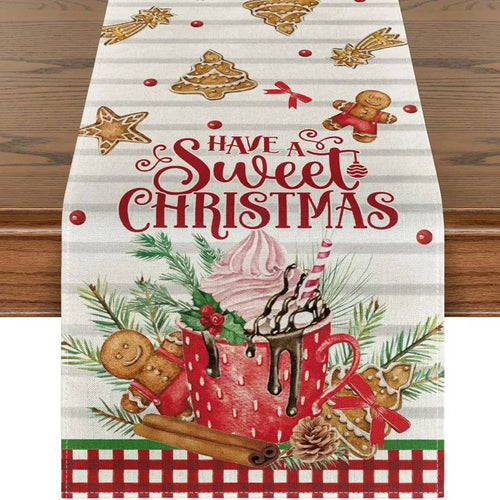 Linen Christmas Table Runner Snowman Xmas Tree Home Dining Table Cover