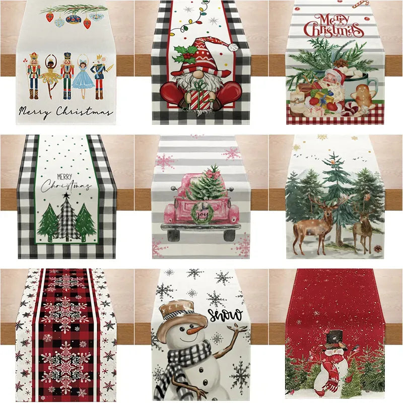 Linen Christmas Table Runner Snowman Xmas Tree Home Dining Table Cover