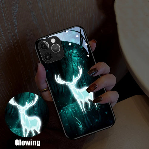 Couples Reindeer LED Light Glowing Luminous Tempered Glass Phone Case