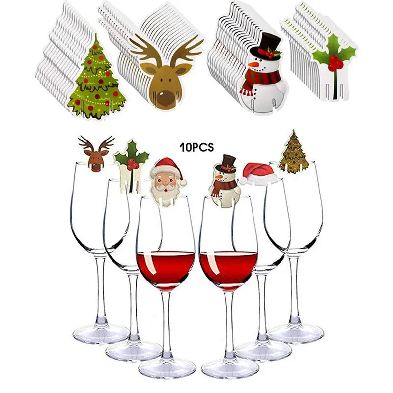 10pc/set Wine Cup Card Christmas Decor Santa Hat Glass Decor Xmas Tree