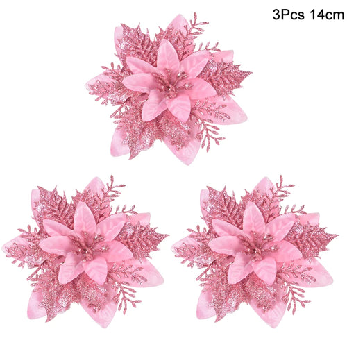 3Pcs 14cm Christmas Flowers Glitter Artificial Red Gold Flower Head