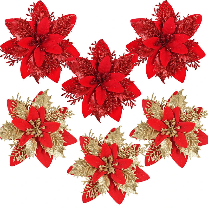 3Pcs 14cm Christmas Flowers Glitter Artificial Red Gold Flower Head