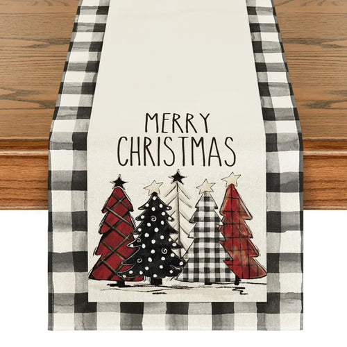 Linen Christmas Table Runner Snowman Xmas Tree Home Dining Table Cover