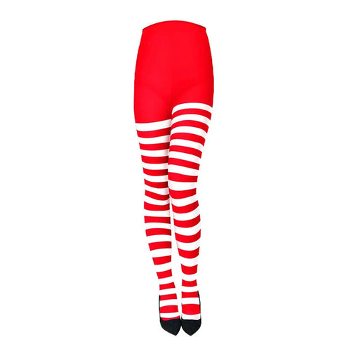 Women Red Black Striped Tights Full Length Tights Thigh High Stocking