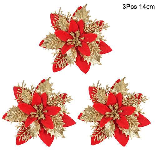 3Pcs 14cm Christmas Flowers Glitter Artificial Red Gold Flower Head