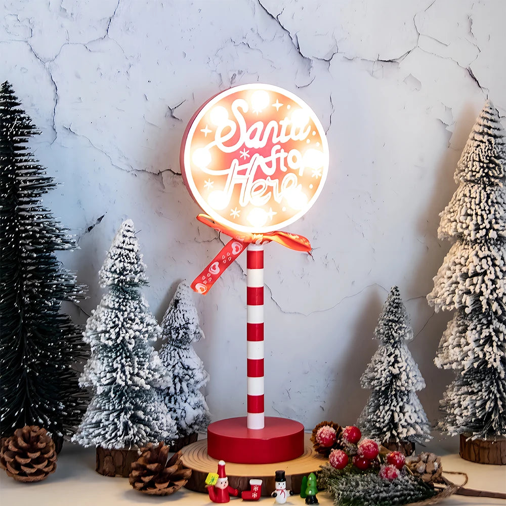 Christmas Retro Lamp North Pole Sign LED Light Santa Stop Here Street