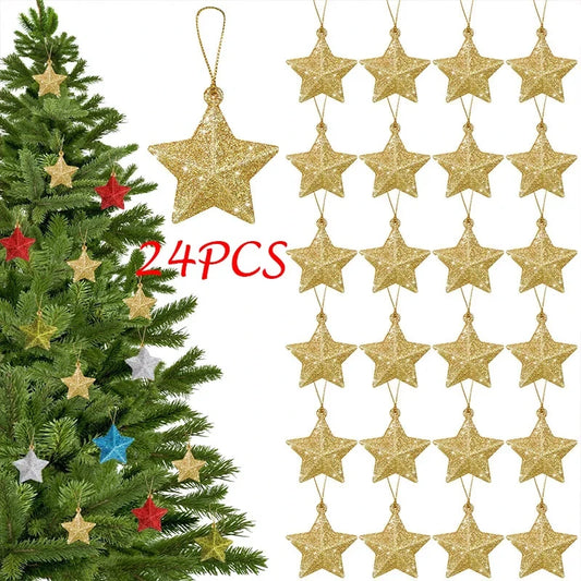 Gold Glitter Star Ornaments Christmas Tree Hanging Pendant 2024