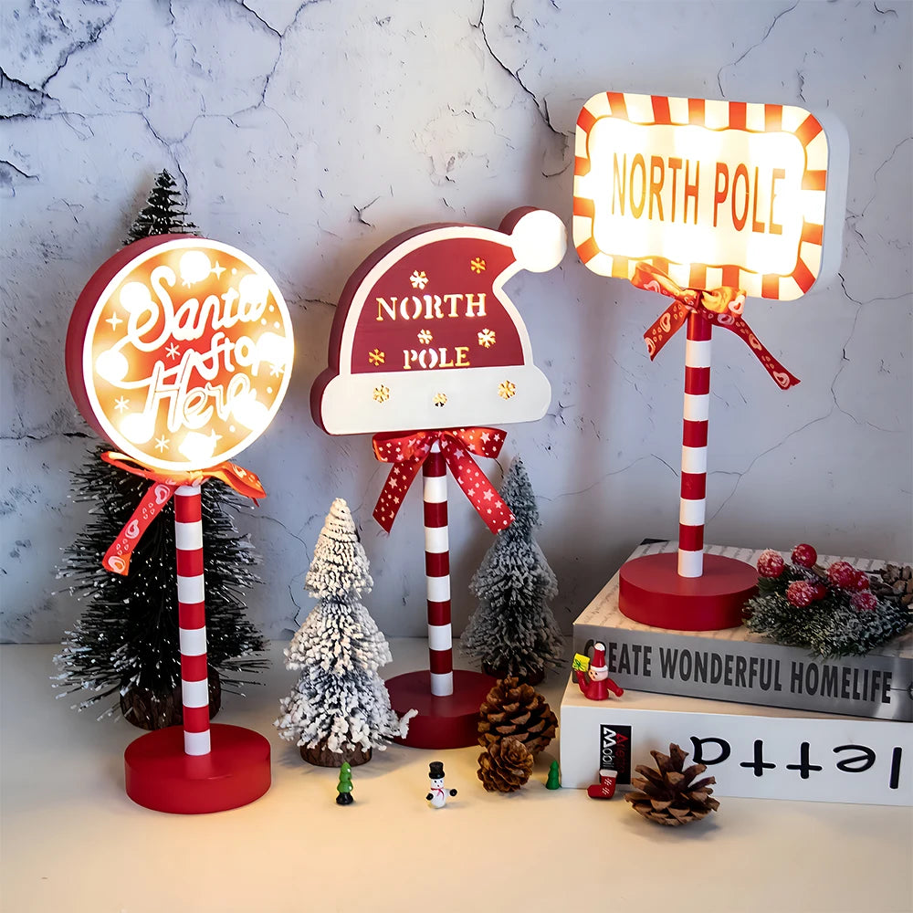 Christmas Retro Lamp North Pole Sign LED Light Santa Stop Here Street