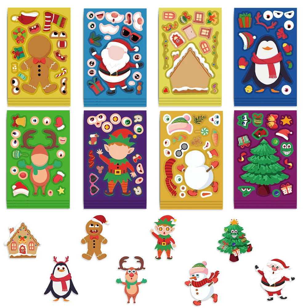 8Pcs Puzzle Cartoon Christmas Snowman Party Make a Face Stickers