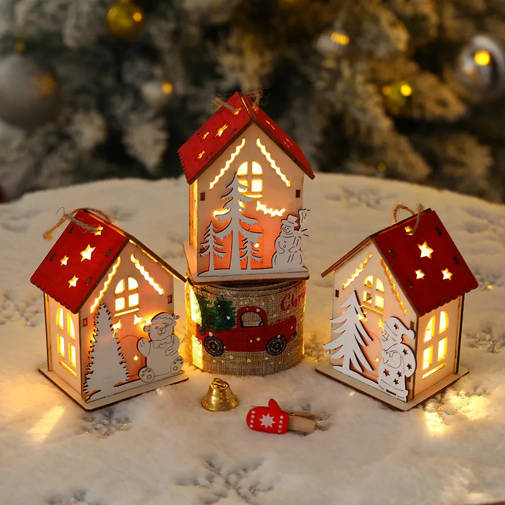 New Christmas Wooden House Pendant Snowman Elk Santa Claus Bear House