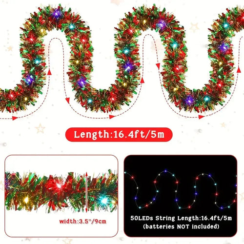 1pc 16 Ft Christmas Tinsel Garland Metallic Shinny With LED Lights