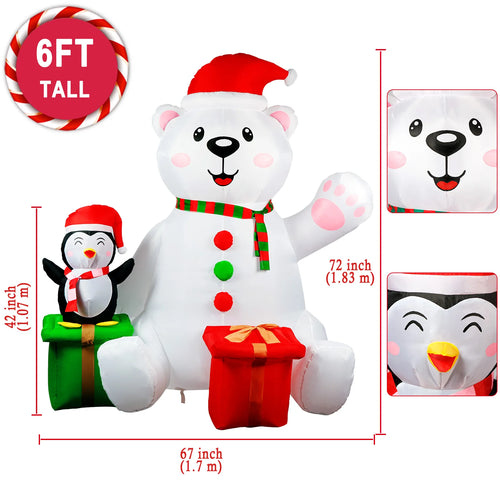 6FT Christmas Inflatables Outdoor Decorations Polar Bear Inflatable