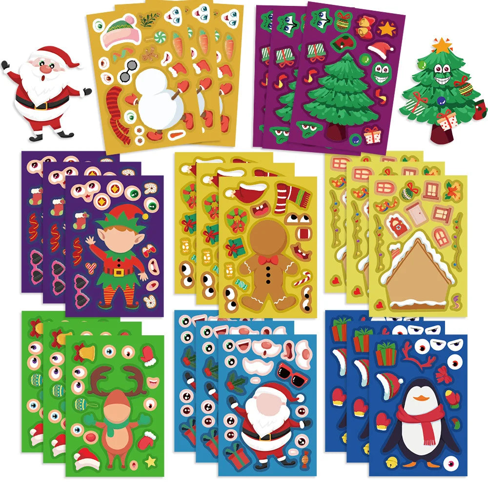 8Pcs Puzzle Cartoon Christmas Snowman Party Make a Face Stickers