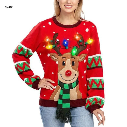 Women LED Light Up Holiday Sweater Christmas Cartoon Reindeer Knit