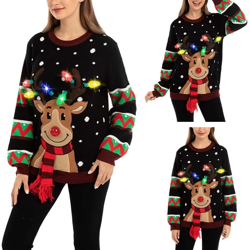 Women LED Light Up Holiday Sweater Christmas Cartoon Reindeer Knit