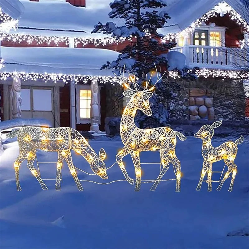 3Pcs Handmake Iron Art Elk Deer Christmas Garden Decor &LED Light