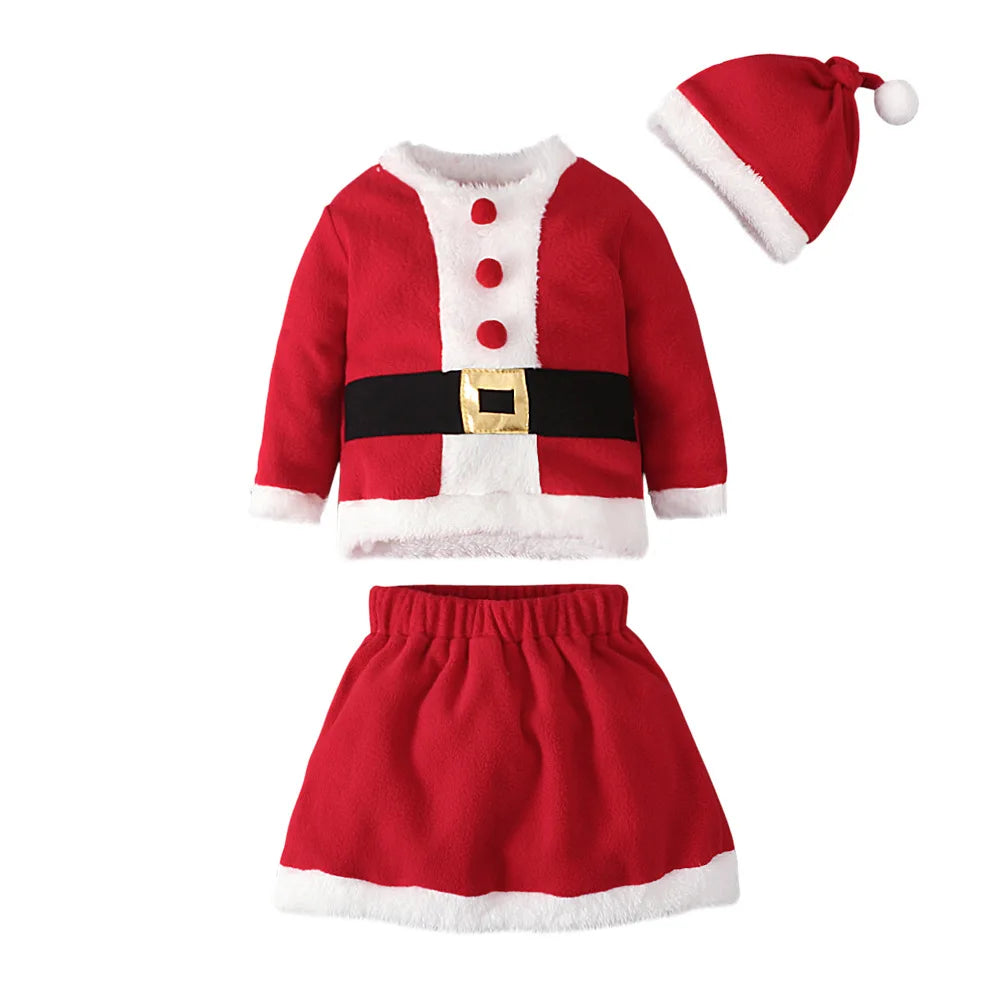 Girl Clothes Set Baby Outfit Chrismas Santa Tops+Skirt+Hat 3Pcs Suit