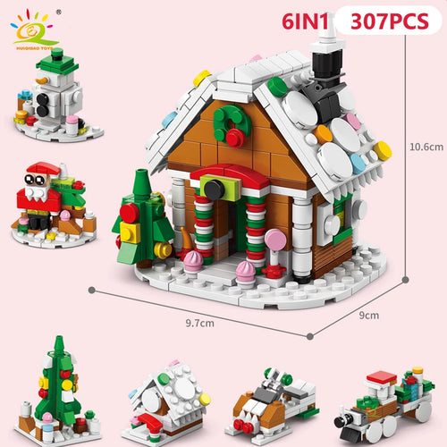 HUIQIBAO 6IN1 Christmas Elk Deer Santa Claus Building Blocks City Snow