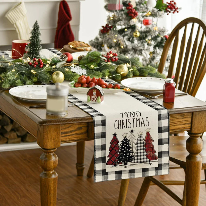 Linen Christmas Table Runner Snowman Xmas Tree Home Dining Table Cover