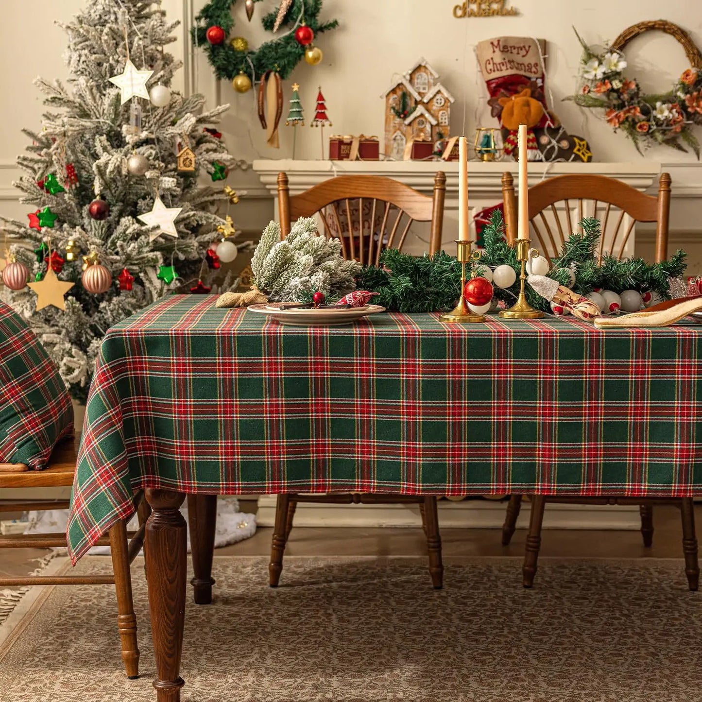 Christmas Themed Checkered Tablecloth, Suitable For Holiday Parties,