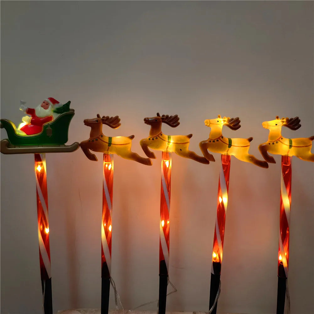 5pcs Solar-Powered Christmas Santa Sleigh and Reindeer Lawn Stake