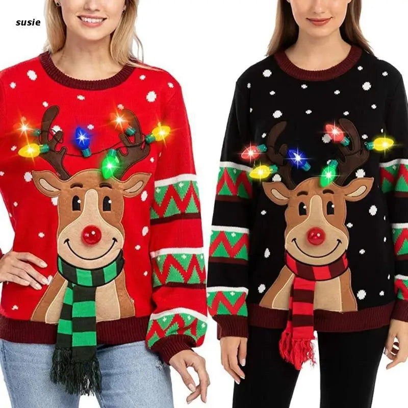 Women LED Light Up Holiday Sweater Christmas Cartoon Reindeer Knit