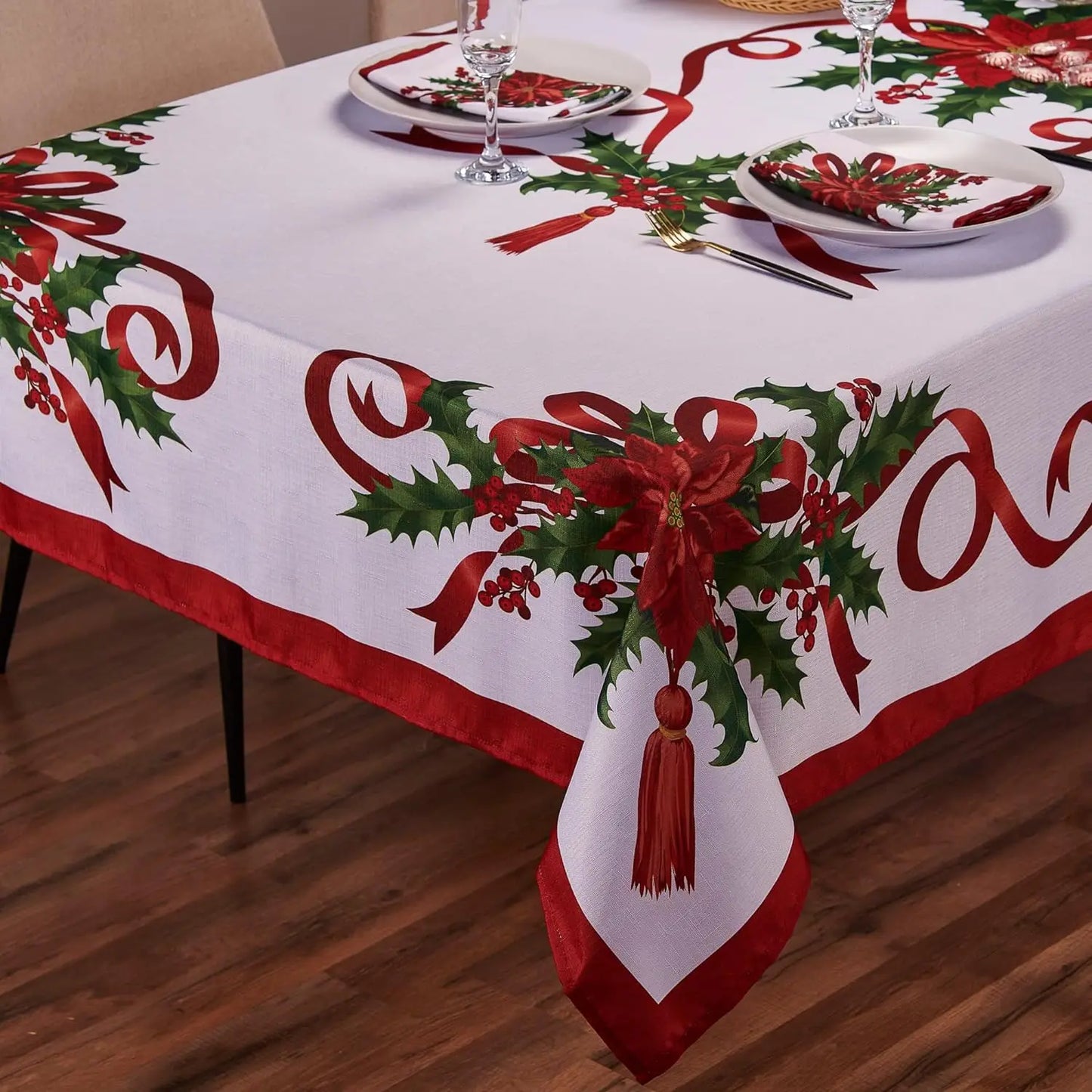 Christmas Ribbon Tablecloth Merry Xmas Table Cloth Harvest Holiday