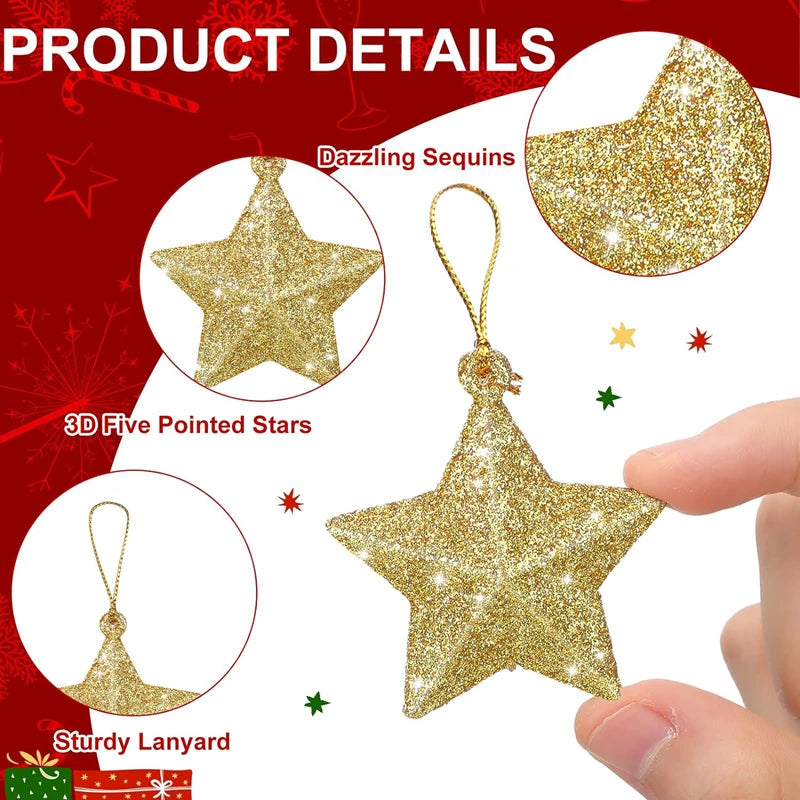 Gold Glitter Star Ornaments Christmas Tree Hanging Pendant 2024