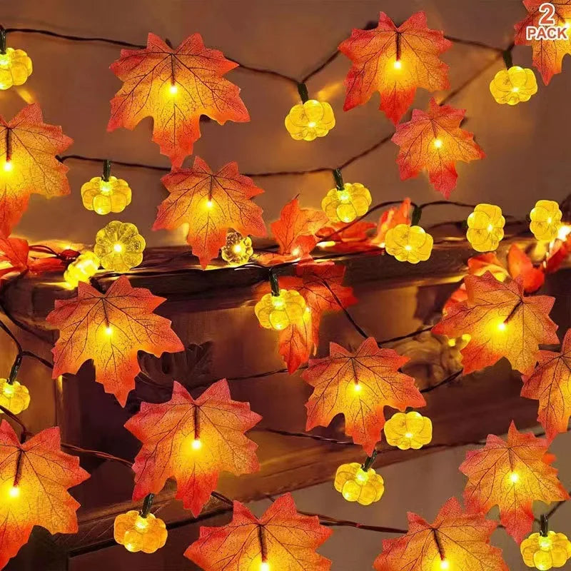 Artificial Autumn Maple Leaves Pumpkin Garland LED Fairy String Light