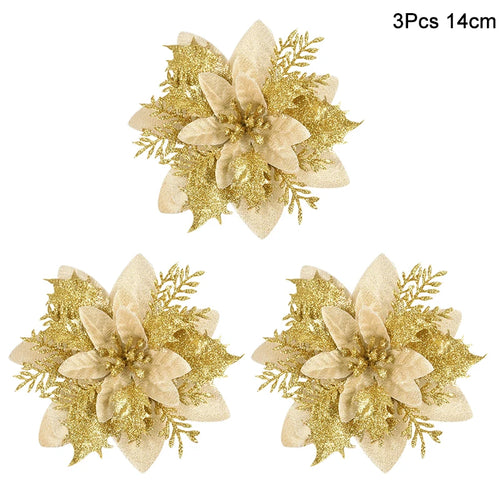 3Pcs 14cm Christmas Flowers Glitter Artificial Red Gold Flower Head