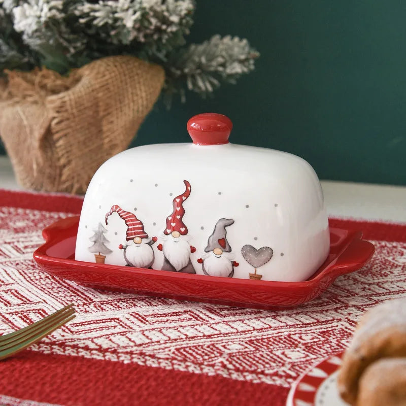 Nordic Ceramic Butter Dish with Lid Santa Claus Chrismas Food Service