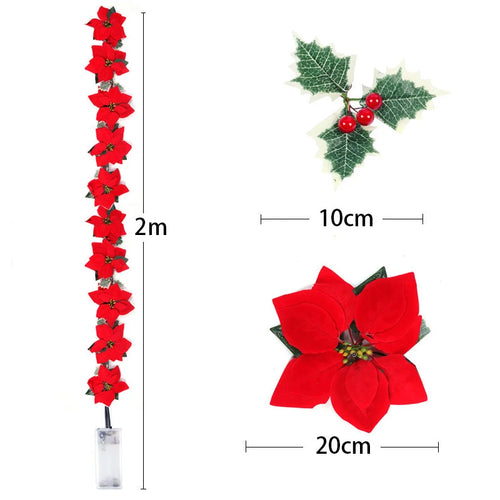 Poinsettia Christmas Flowers Garland String Lights Xmas Tree Ornaments