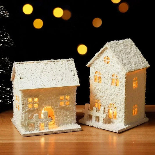 Xmas Ornament Christmas Led Light Wooden House with Snowflake Luminous