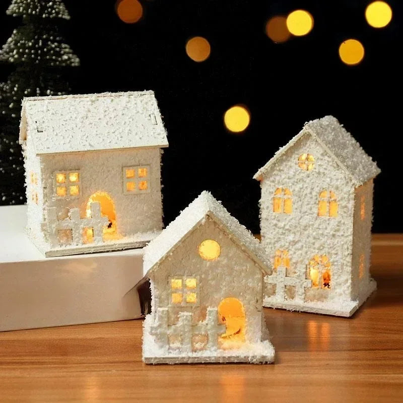 Xmas Ornament Christmas Led Light Wooden House with Snowflake Luminous