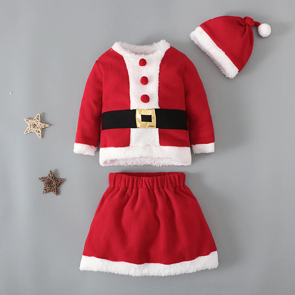 Girl Clothes Set Baby Outfit Chrismas Santa Tops+Skirt+Hat 3Pcs Suit