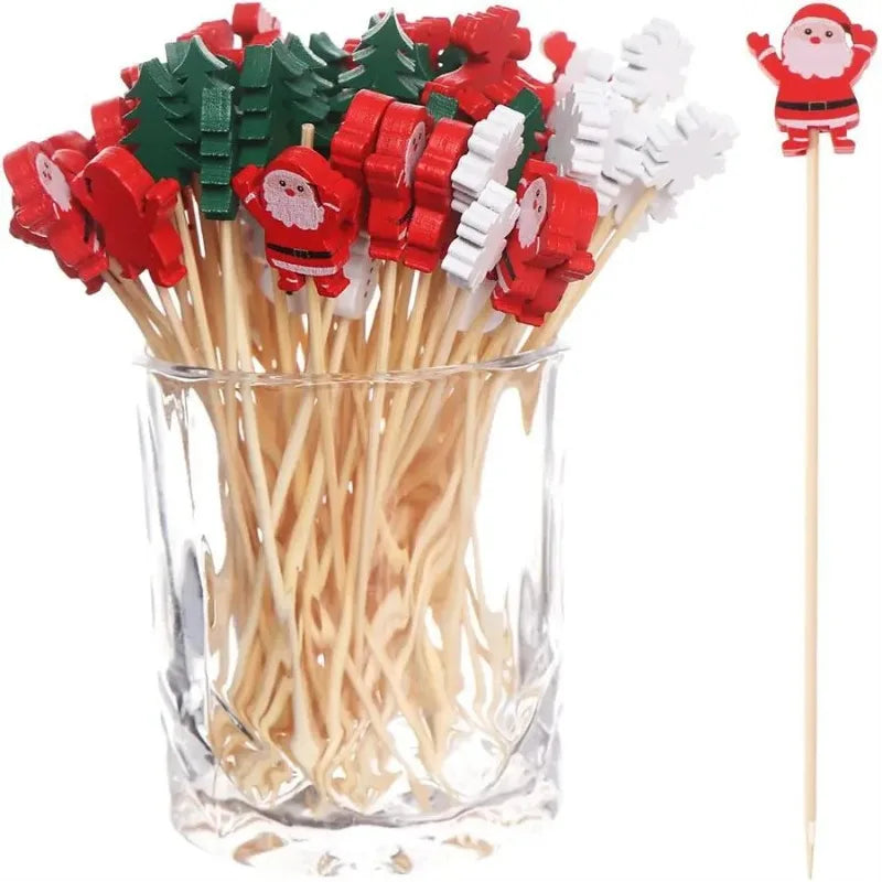 50Pcs/set Christmas Fruit Sticks Disposable Bamboo Sticks Snowflake