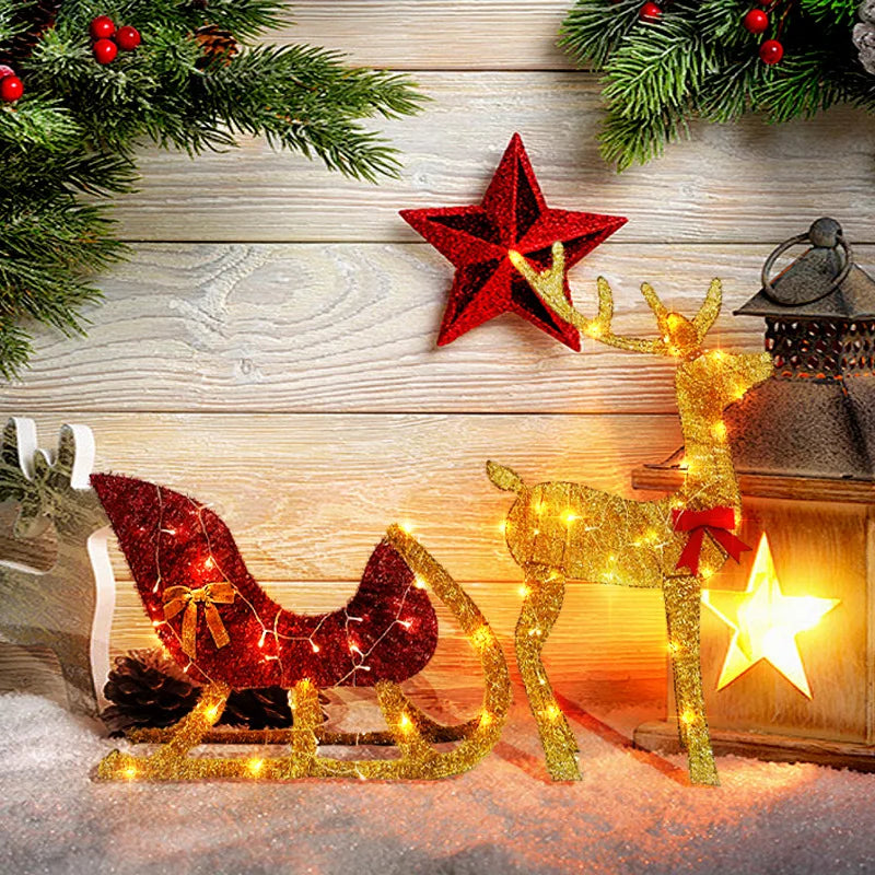 Christmas Reindeer and Sleigh Decoration With LED Light Glowing