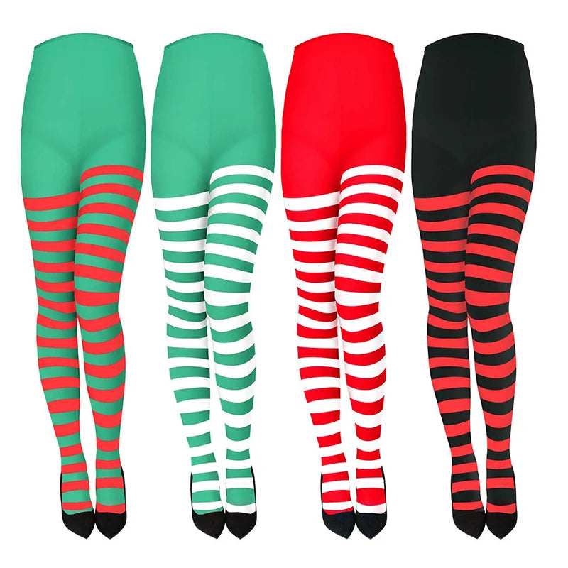 Women Red Black Striped Tights Full Length Tights Thigh High Stocking