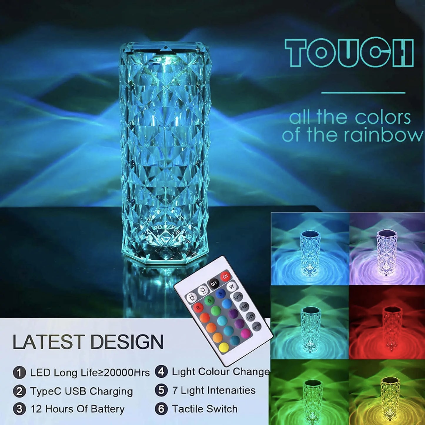 Rechargeable 16 Colors RGB Rose LED Night Light Color Changing Crystal