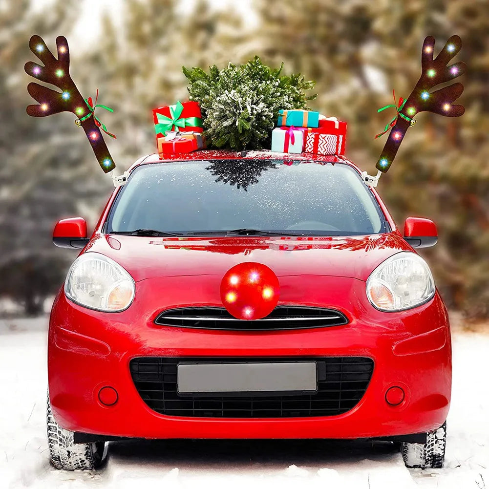 Car Reindeer Antlers,Antlers Car Kit with LED Lights,Reindeer Car Kit