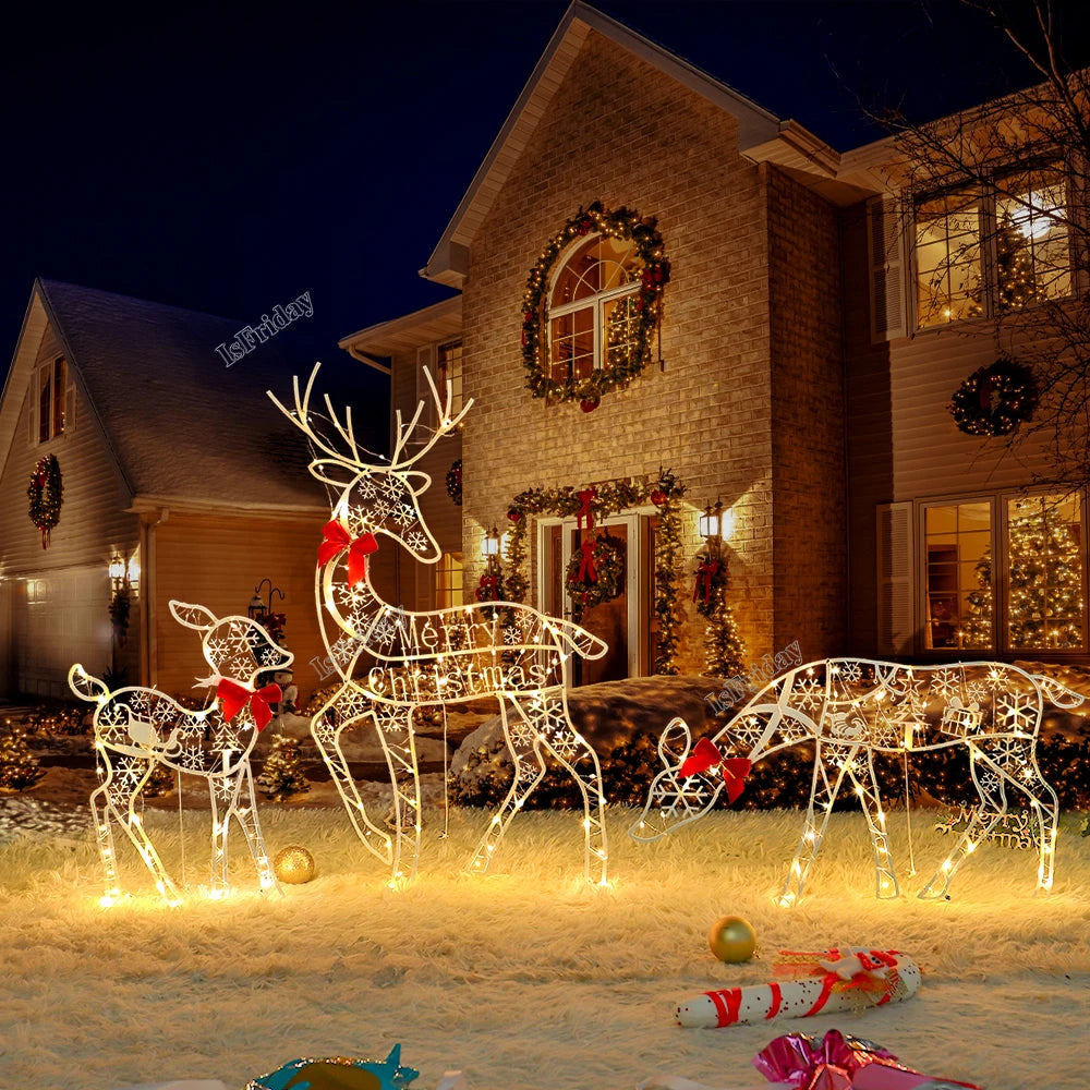 3PCS Handmake Iron Art Elk Deer Christmas Garden Decor &LED Light