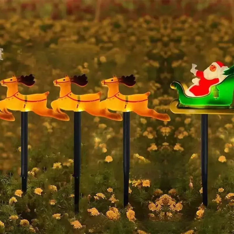 5pcs Solar-Powered Christmas Santa Sleigh and Reindeer Lawn Stake