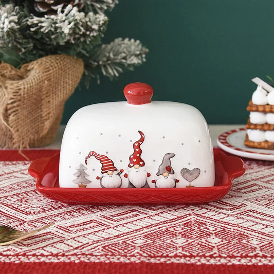 Nordic Ceramic Butter Dish with Lid Santa Claus Chrismas Food Service