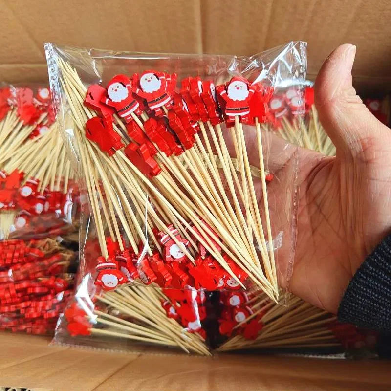 50Pcs/set Christmas Fruit Sticks Disposable Bamboo Sticks Snowflake