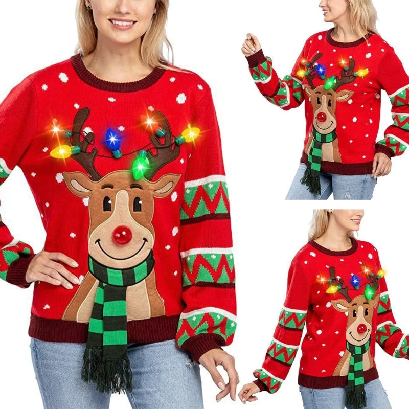 Women LED Light Up Holiday Sweater Christmas Cartoon Reindeer Knit