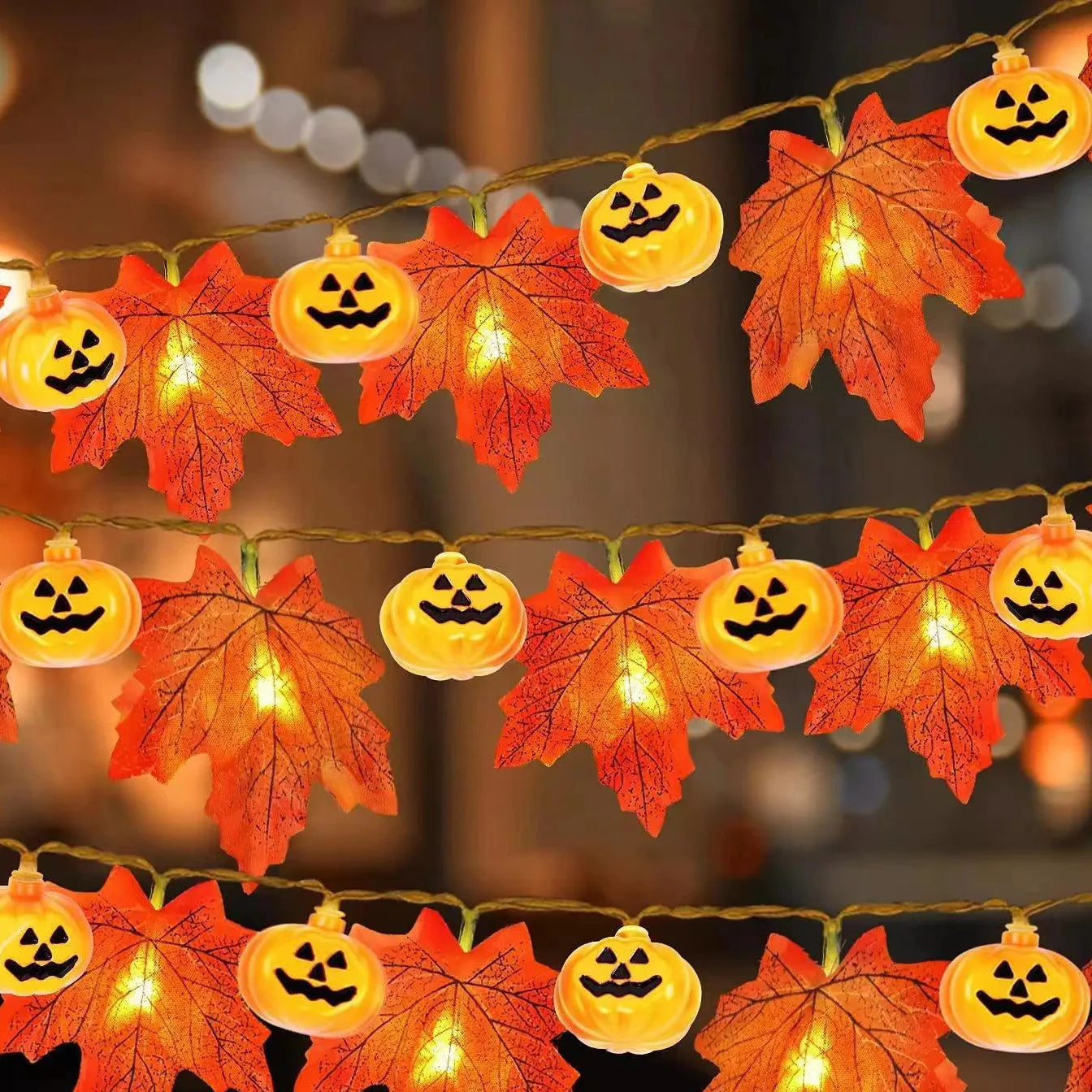 Artificial Autumn Maple Leaves Pumpkin Garland LED Fairy String Light